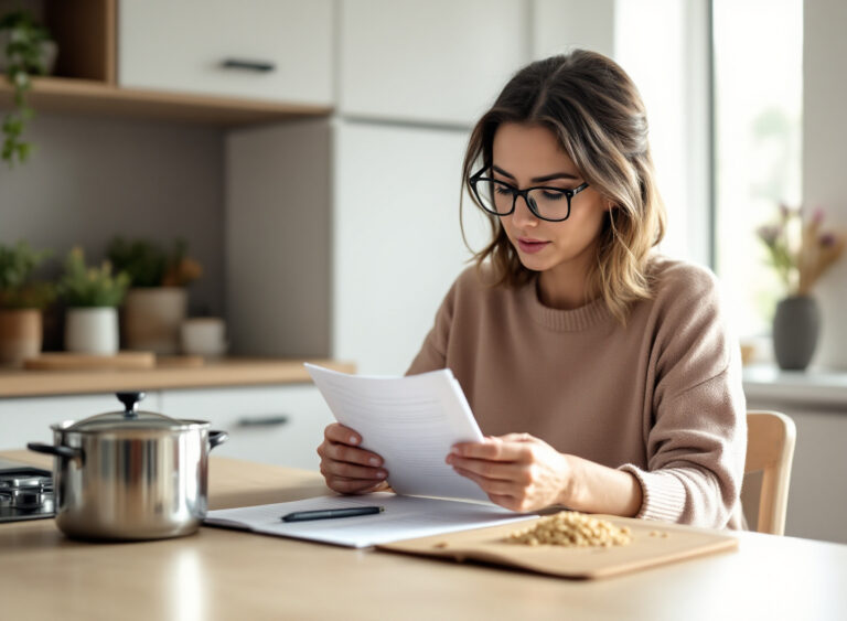 Tutora lendo rótulo de ração com atenção em cozinha clara, interpretando ingredientes e composição nutricional do alimento para pet