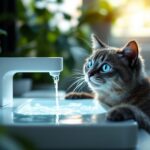 Gato siamês bebendo água em fonte automática moderna em ambiente aconchegante