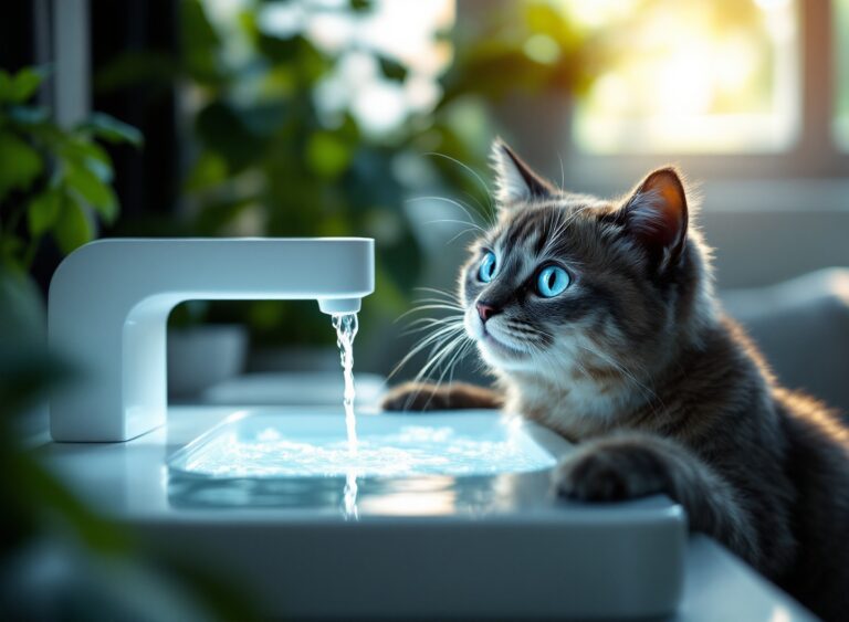 Gato siamês bebendo água em fonte automática moderna em ambiente aconchegante