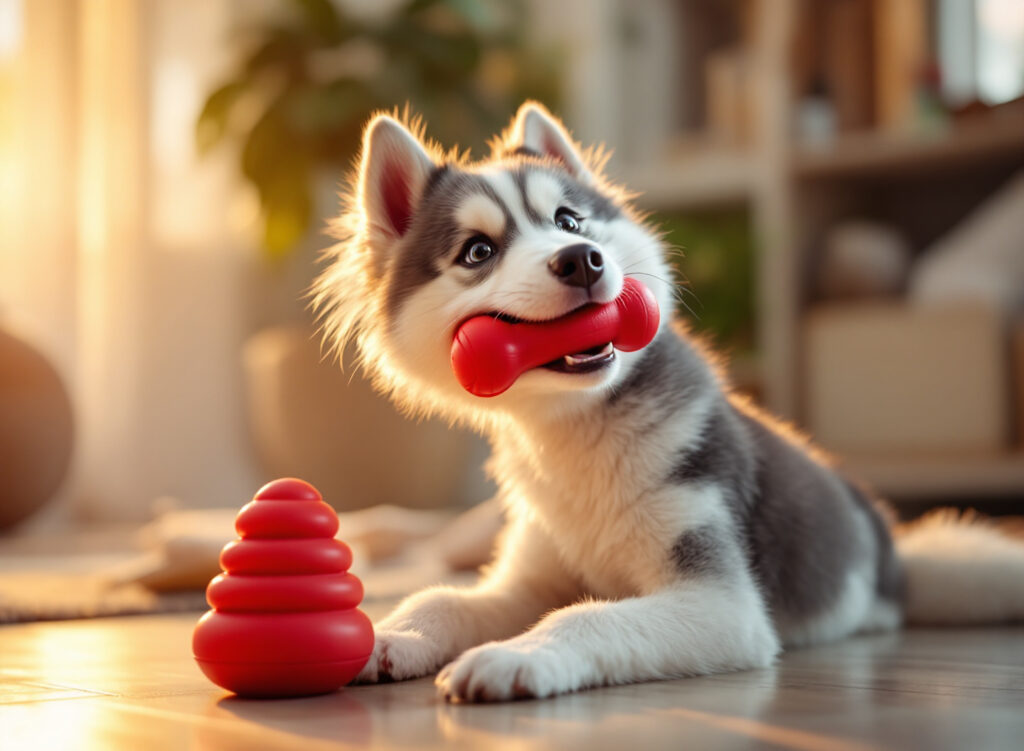 Brinquedos para cachorro: qual tipo reduz ansiedade e mantém o pet entretido por horas 1 filhote Husky brincando com brinquedo Kong em sala aconchegante com luz natural
