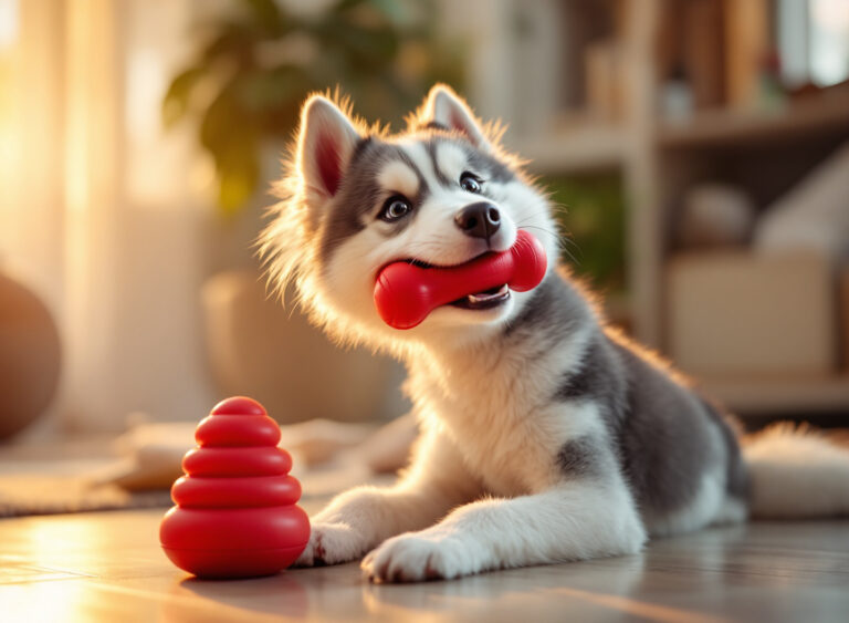 filhote Husky brincando com brinquedo Kong em sala aconchegante com luz natural