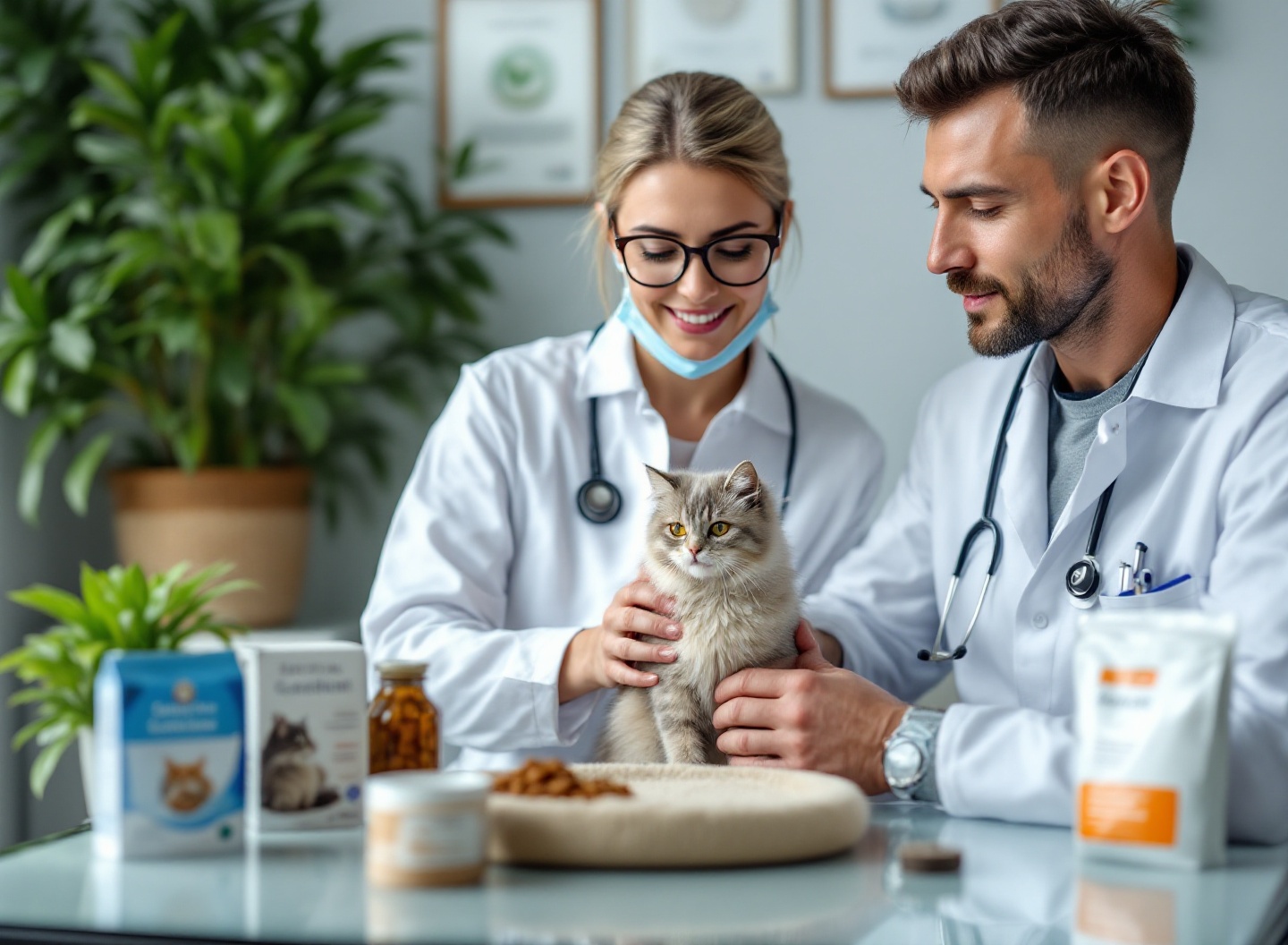 Pare de Gastar Errado: Os Produtos para Gatos que Veterinários Realmente Recomendam 3 Veterinário recomendando produtos para gatos com critérios técnicos a casal de donos em consultório