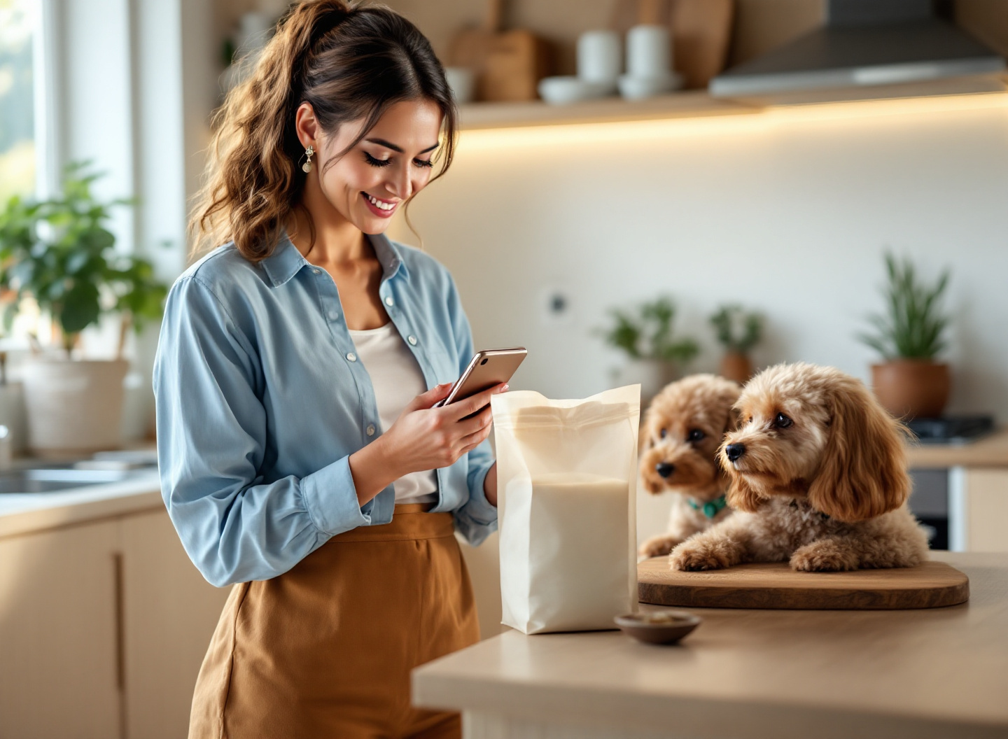 tutor comparando preços de ração no smartphone, escolhendo opção econômica para cachorro, alimentação inteligente de pet