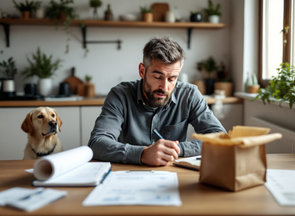 tutor verificando gastos com ração do cachorro em casa, planejamento financeiro de alimentação de pet