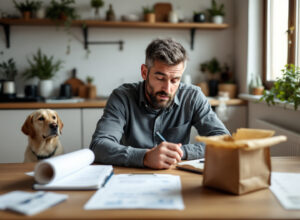 tutor verificando gastos com ração do cachorro em casa, planejamento financeiro de alimentação de pet