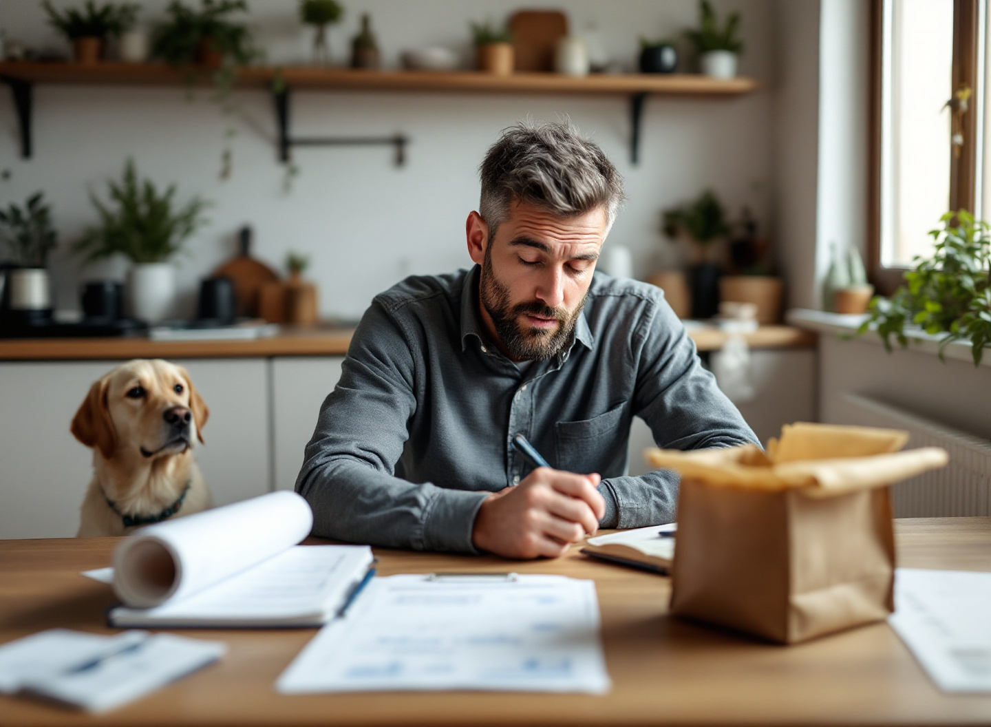 tutor verificando gastos com ração do cachorro em casa, planejamento financeiro de alimentação de pet