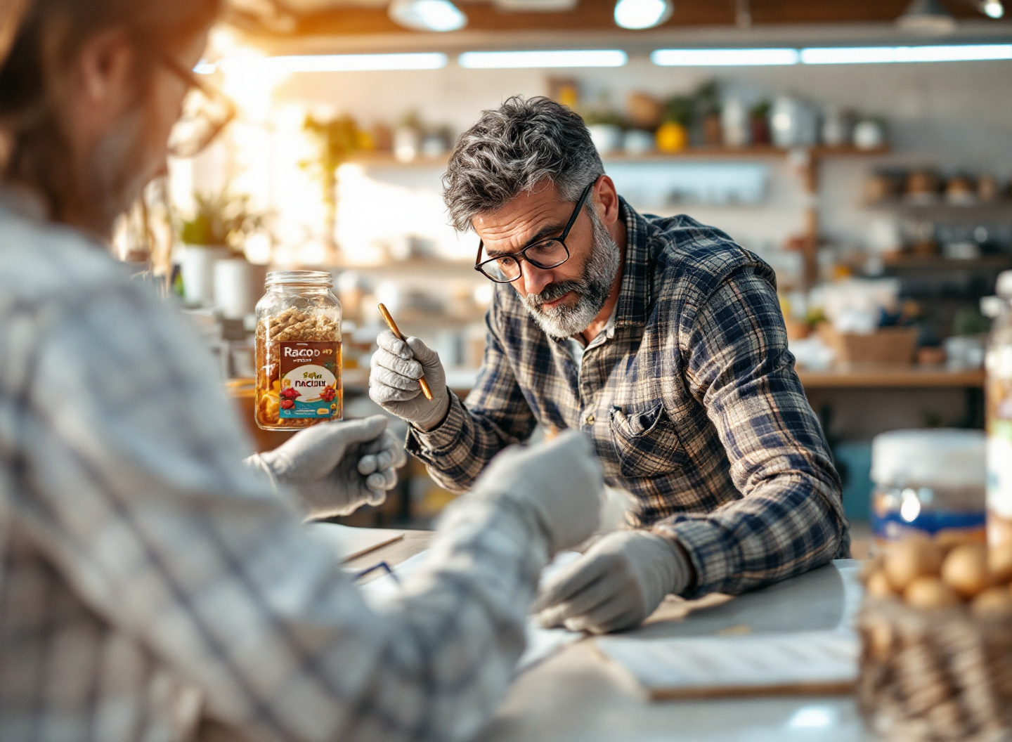Por que você estava escolhendo ração errada: a versão atualizada para interpretar cada linha do rótulo 3 Homem comparando dois rótulos de ração com caneta, analisando composição garantida e ingredientes lado a lado