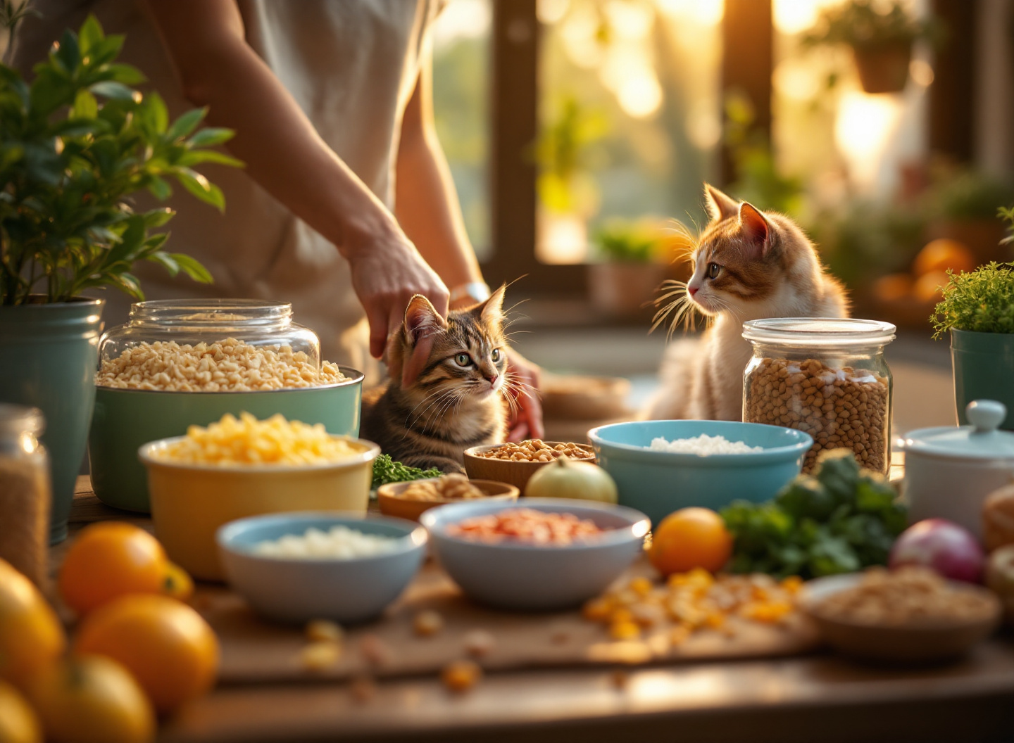 Variedade de alimentos e rações para pets organizados em bancada de cozinha com gato observando