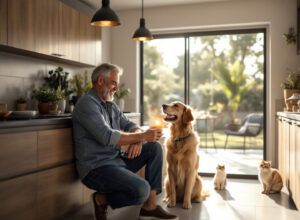 Casal em cozinha moderna alimentando cachorro e gato com dieta balanceada e nutritiva