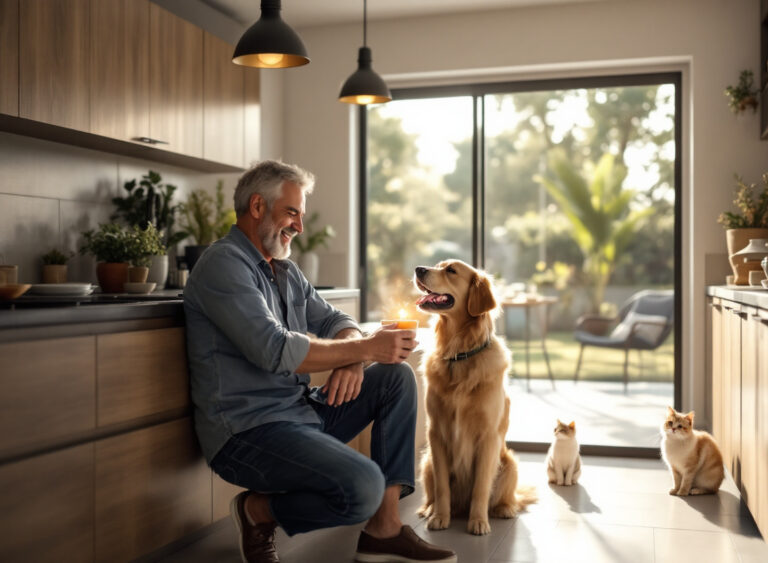 Casal em cozinha moderna alimentando cachorro e gato com dieta balanceada e nutritiva