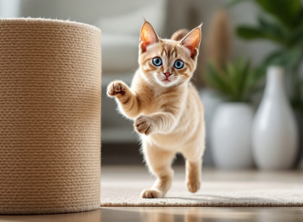 Pare de comprar arranhadores errados: o guia atualizado que mostra exatamente qual modelo seu gato vai usar 1 gato siamês arranhando torre para gatos em sisal com satisfação em sala aconchegante com luz natural dourada