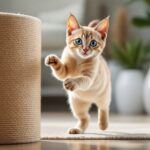 gato siamês arranhando torre para gatos em sisal com satisfação em sala aconchegante com luz natural dourada