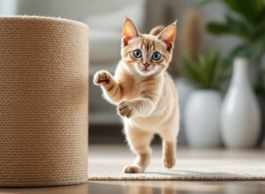 gato siamês arranhando torre para gatos em sisal com satisfação em sala aconchegante com luz natural dourada