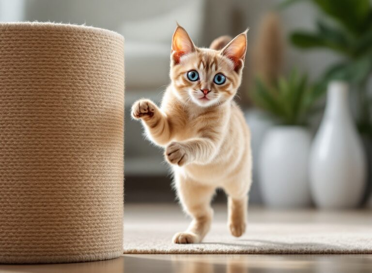 gato siamês arranhando torre para gatos em sisal com satisfação em sala aconchegante com luz natural dourada