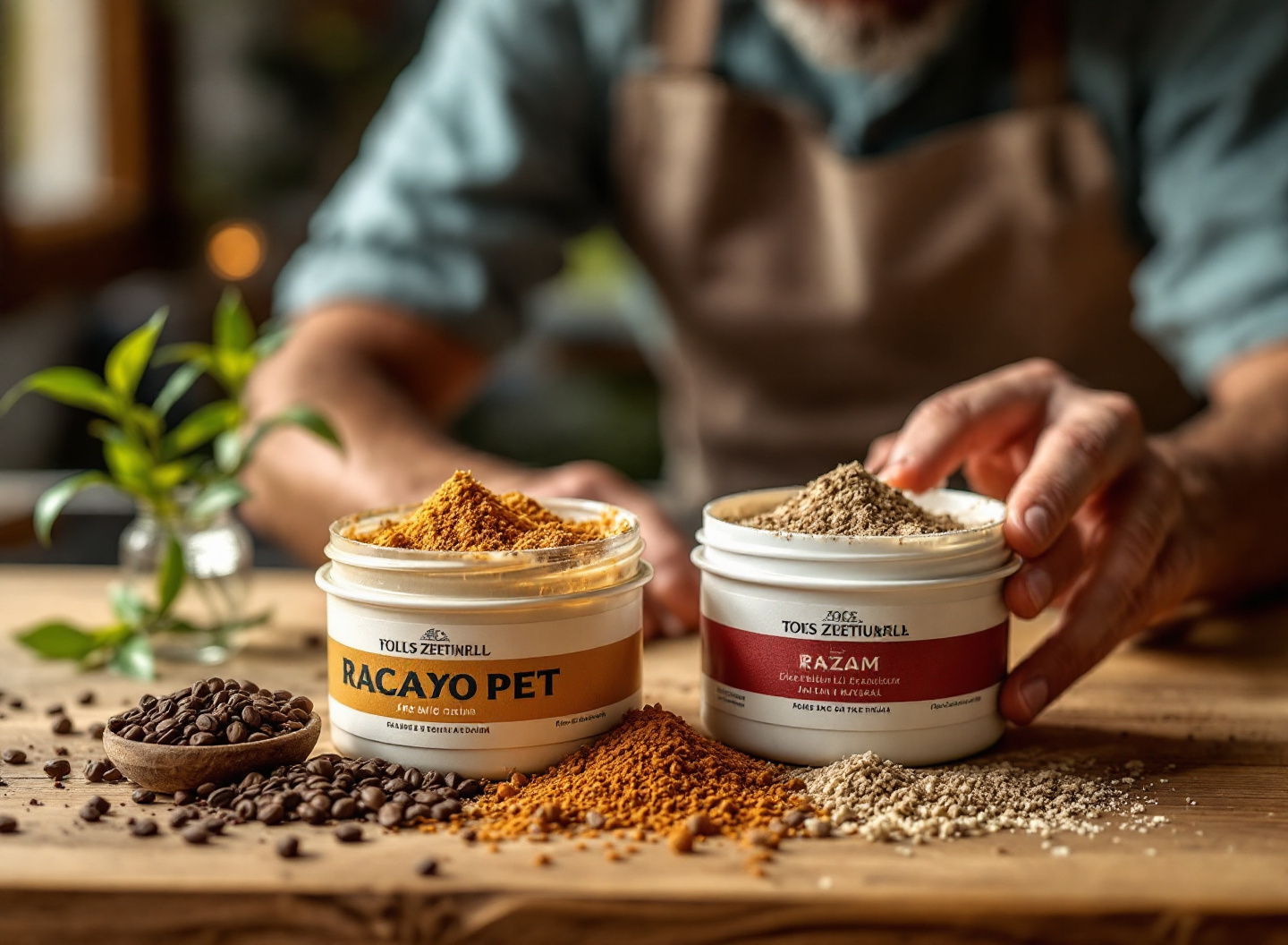 Comparação visual entre ração comum colorida e ração premium natural, mostrando diferença de ingredientes e qualidade