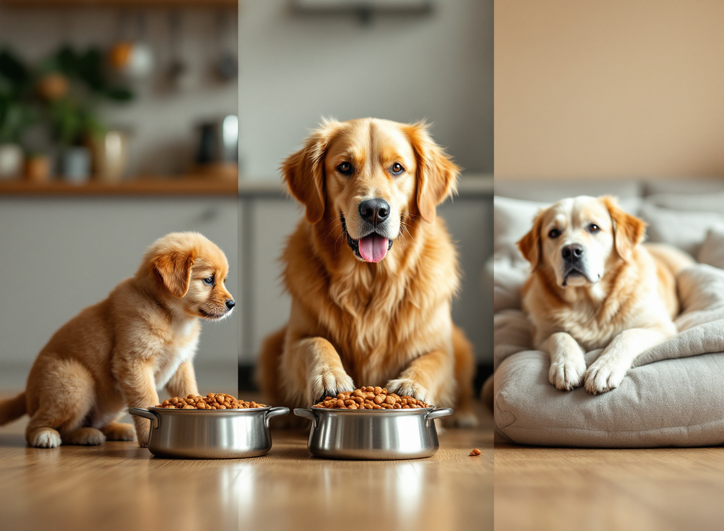 Três fases da vida do cão: filhote, adulto e sênior, cada um com sua alimentação apropriada