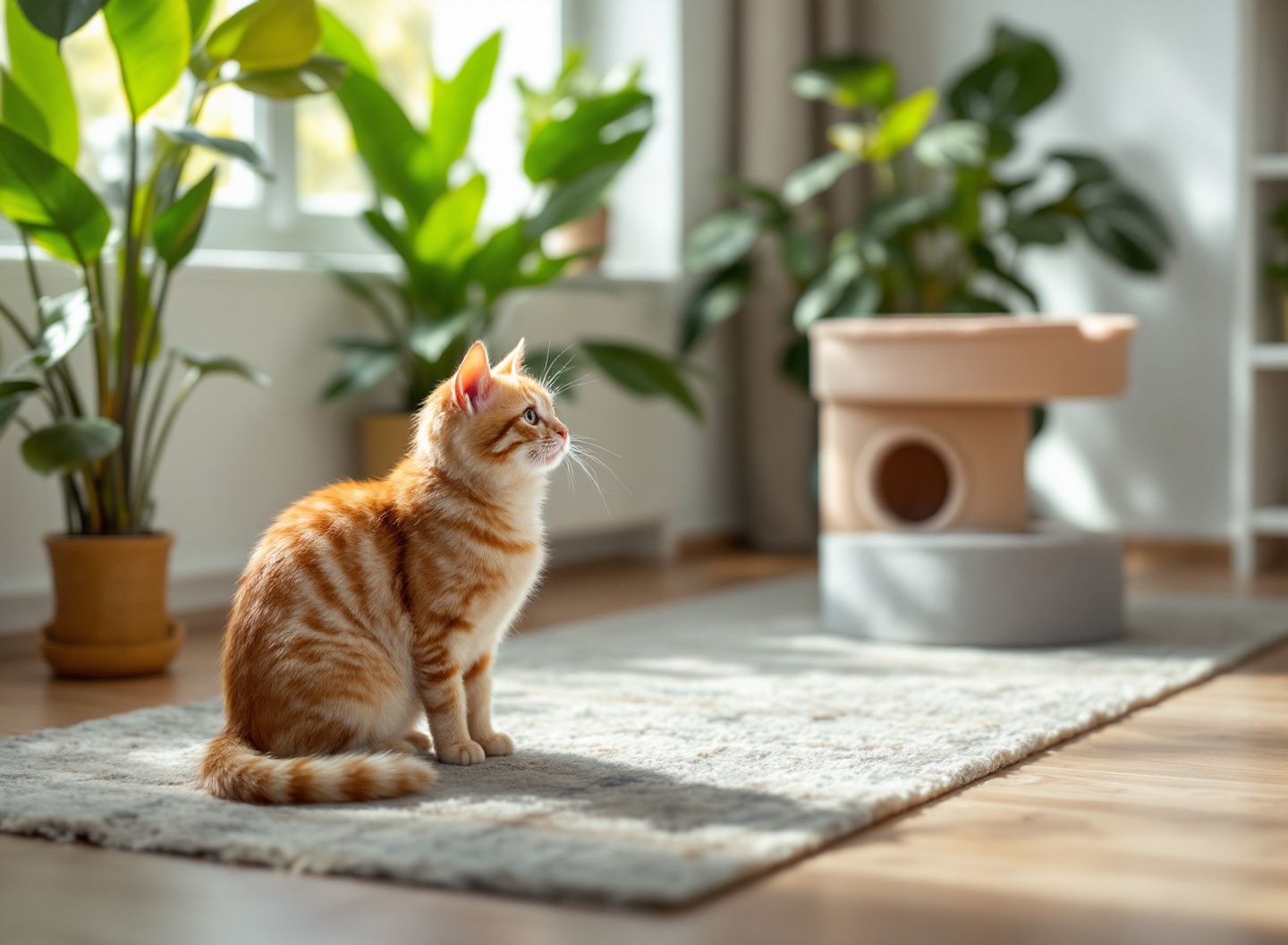 Gato em ambiente enriquecido com fonte automática, torre, brinquedo e cama
