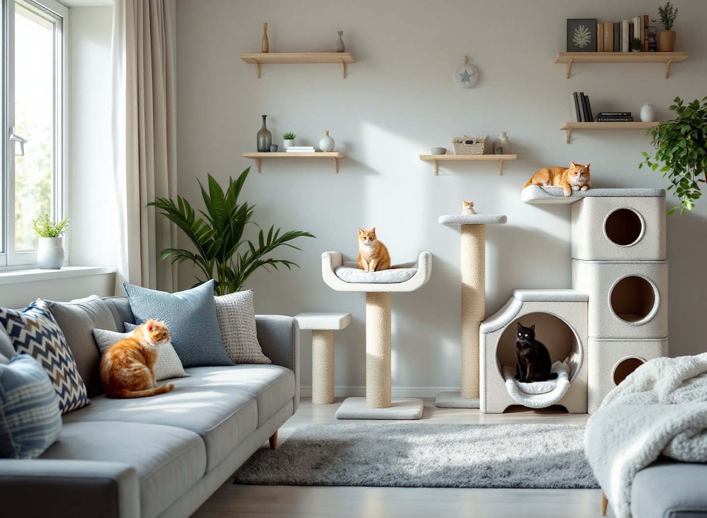 Pare de comprar arranhadores errados: o guia atualizado que mostra exatamente qual modelo seu gato vai usar 3 sala com cinco tipos diferentes de arranhadores para gatos e dois felinos utilizando os modelos em ambiente bem iluminado