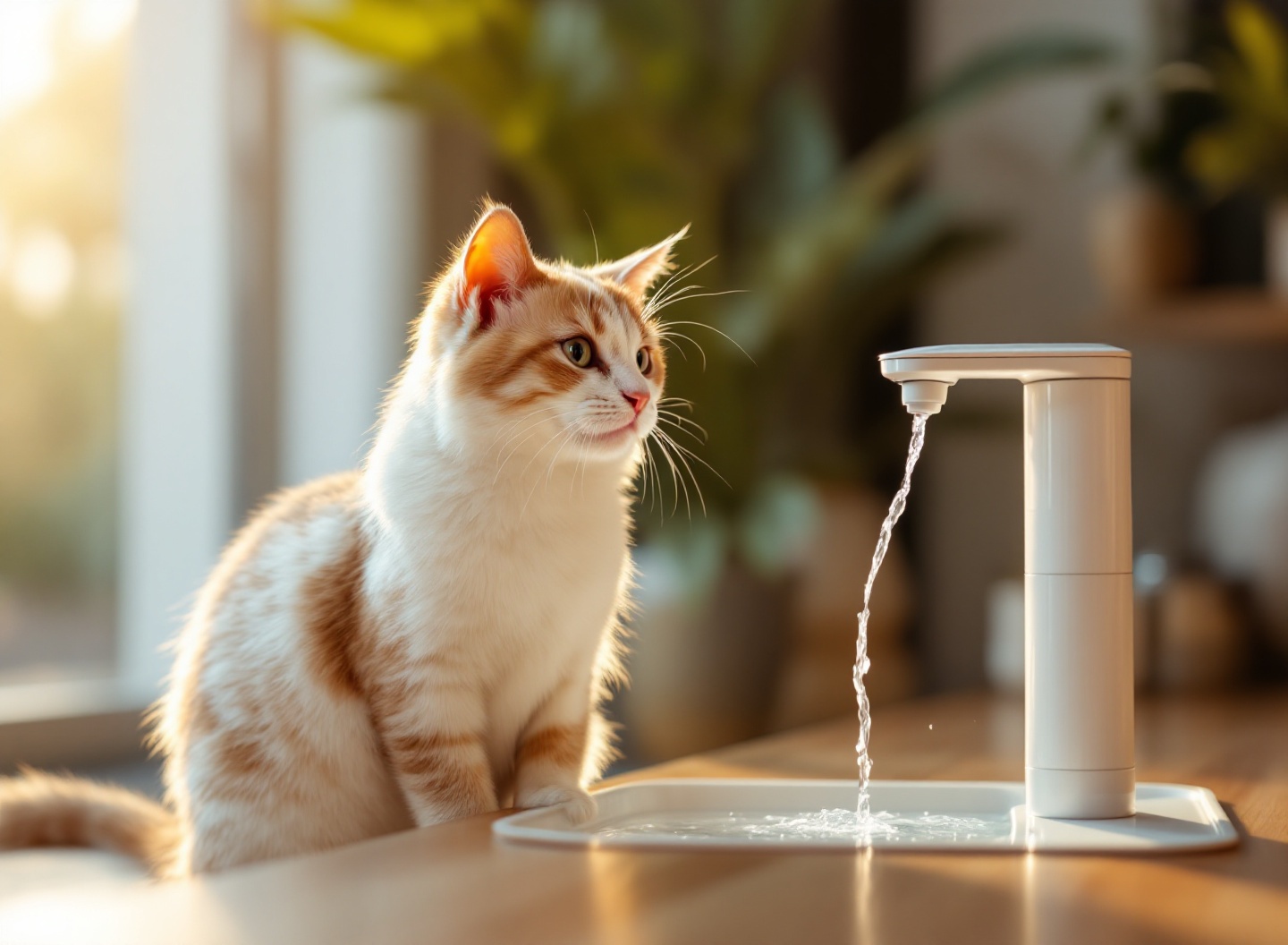 Gato bebendo água em fonte automática moderna em sala aconchegante com luz natural