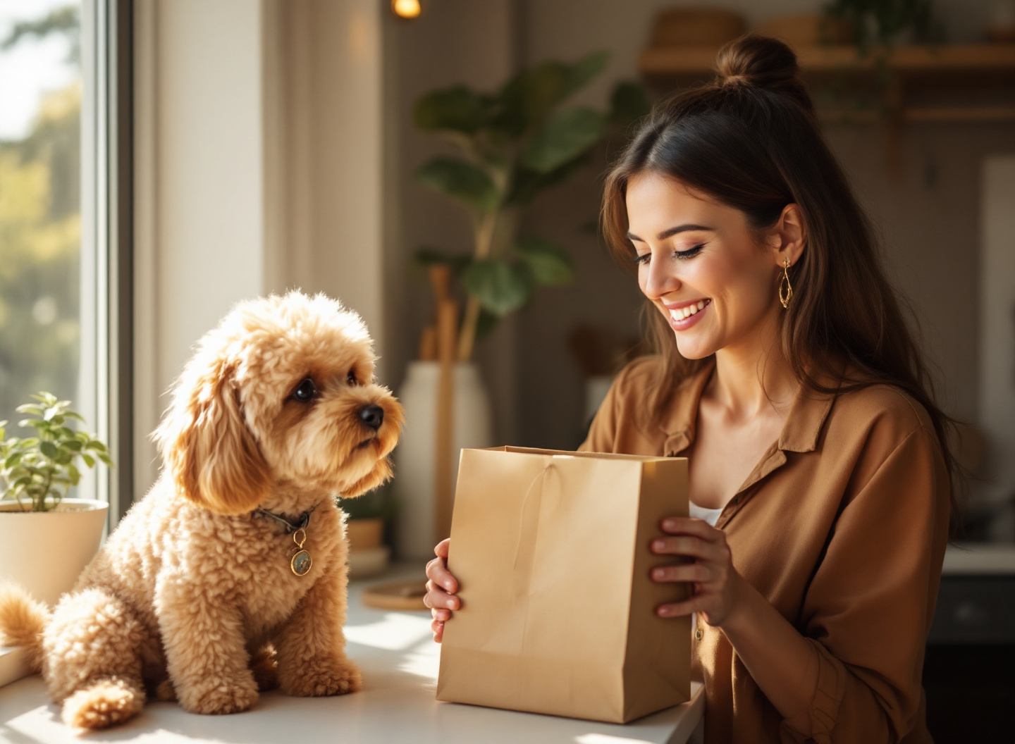 Por que veterinários estão recomendando rações econômicas que rivalizavam com marcas premium 2 mulher tutor abrindo saco de ração golden econômica para cão pequeno em cozinha aconchegante com luz natural
