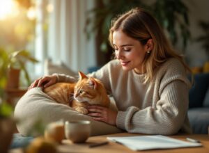 Dono de gato verificando checklist de cuidados essenciais de saúde felina em ambiente doméstico aconchegante com luz natural