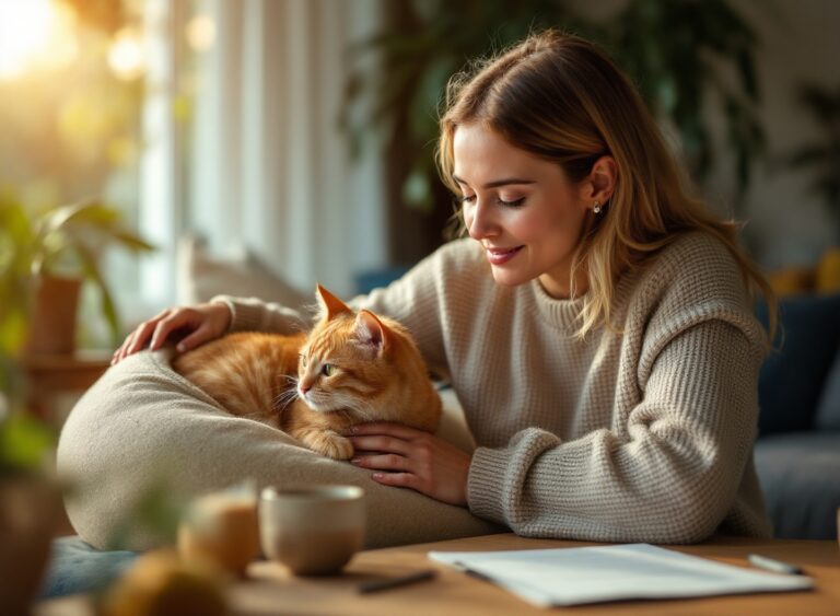 Dono de gato verificando checklist de cuidados essenciais de saúde felina em ambiente doméstico aconchegante com luz natural