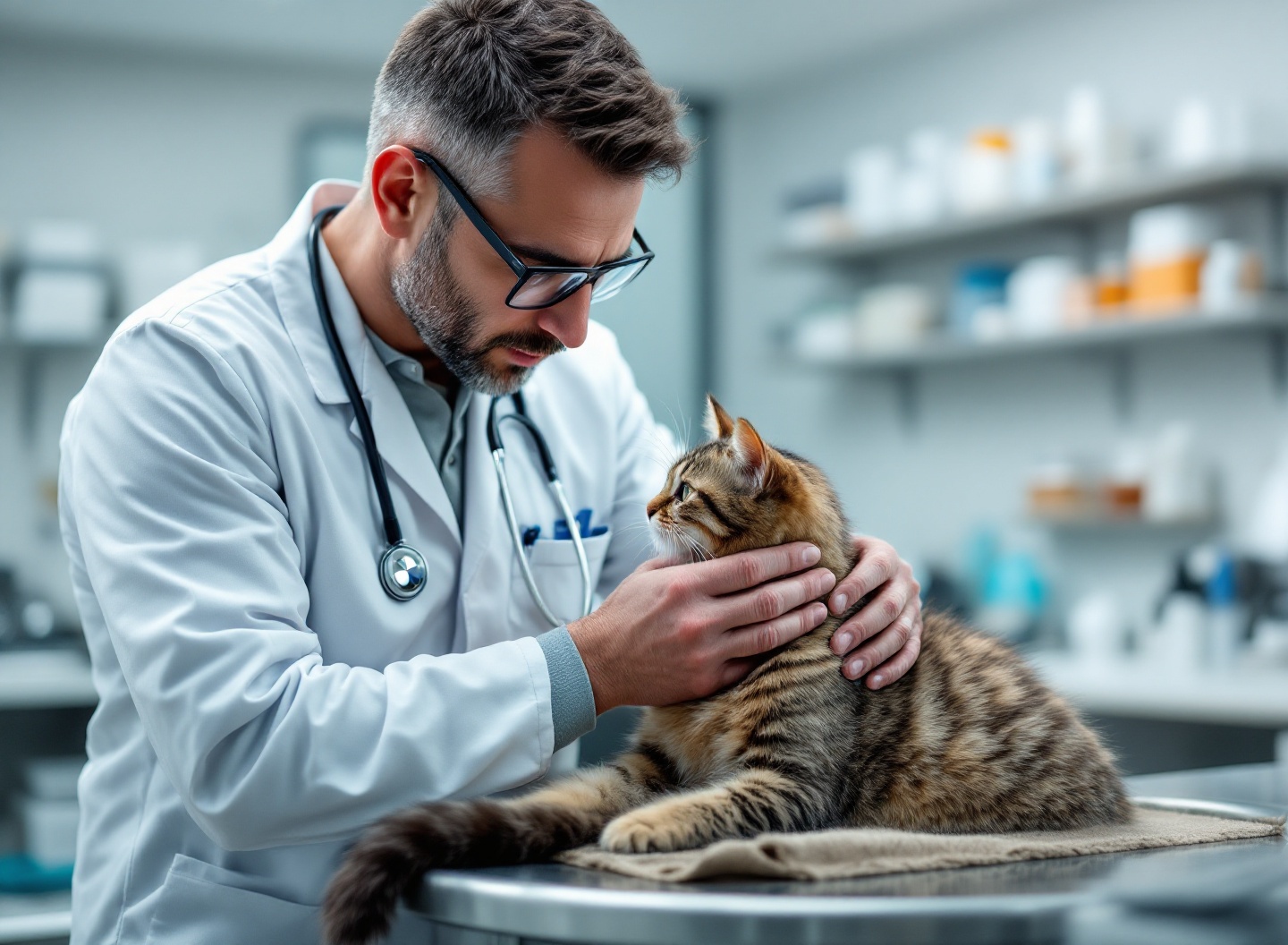 Veterinário realizando exame de saúde em gato cinzento em clínica profissional com equipamento médico