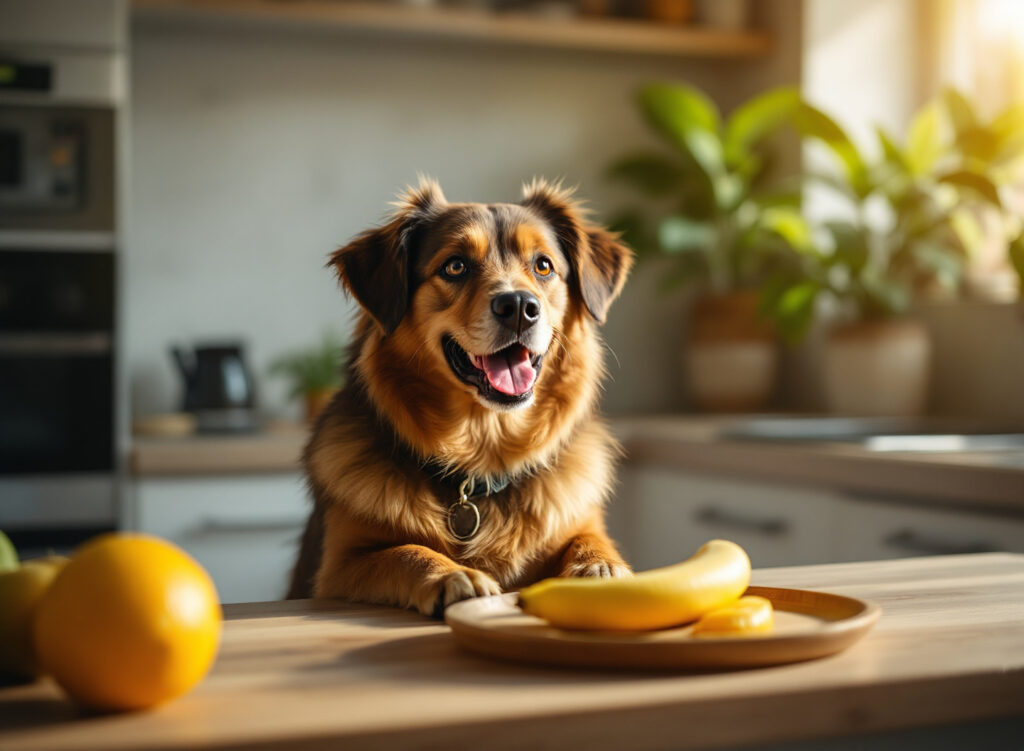 Seu pet pode comer frutas? O guia definitivo de frutas seguras que veterinários recomendam 1 cão comendo frutas seguras em cozinha moderna com maçã banana melancia e manga dispostas
