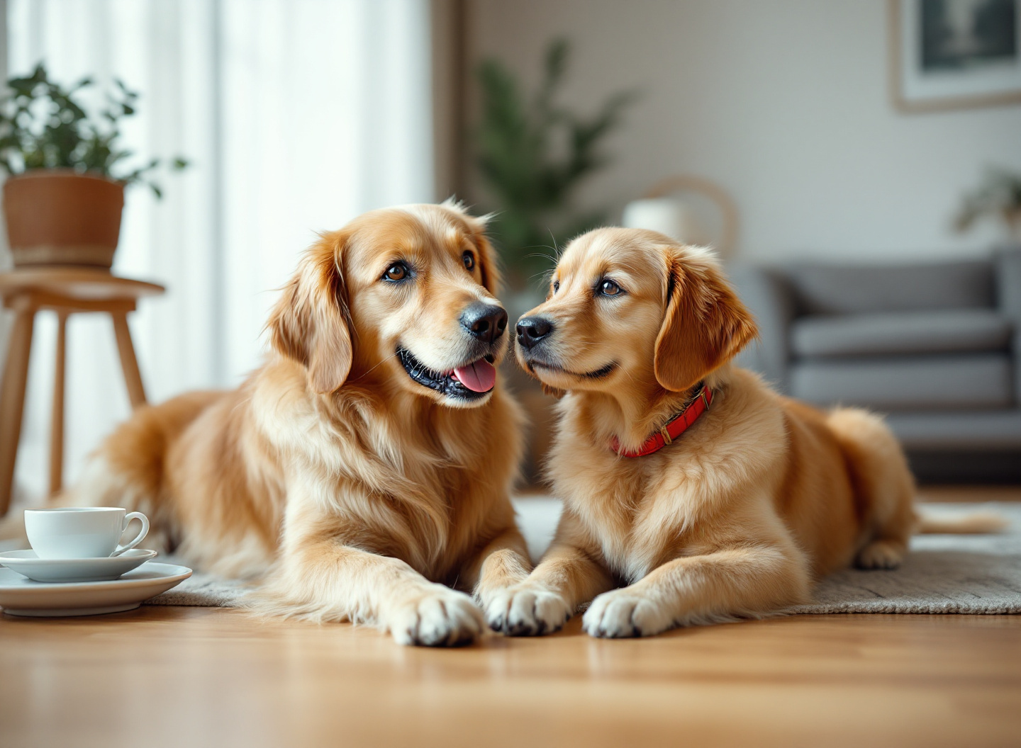 Guia Definitivo para Donos de Cachorro: Tudo o que Você Precisa Saber para Criar um Pet Feliz e Saudável 2 Dona de cachorro filhote em casa interagindo com Golden Retriever pequeno em ambiente aconchegante