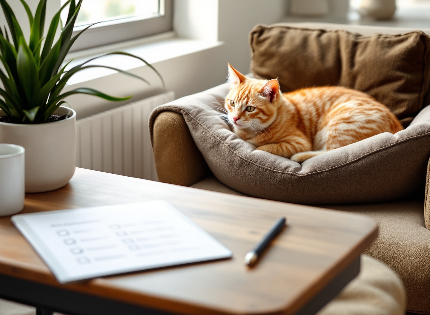 Checklist de cuidados felinos organizado em mesa com tablet e gato descansando ao fundo em ambiente doméstico