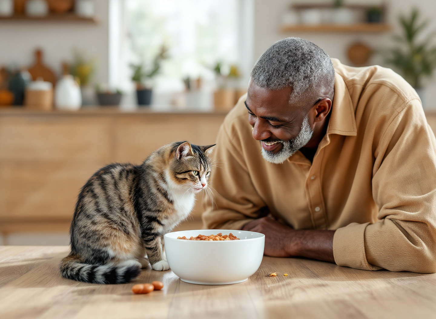 Tutor observando gato comendo ração de qualidade em casa