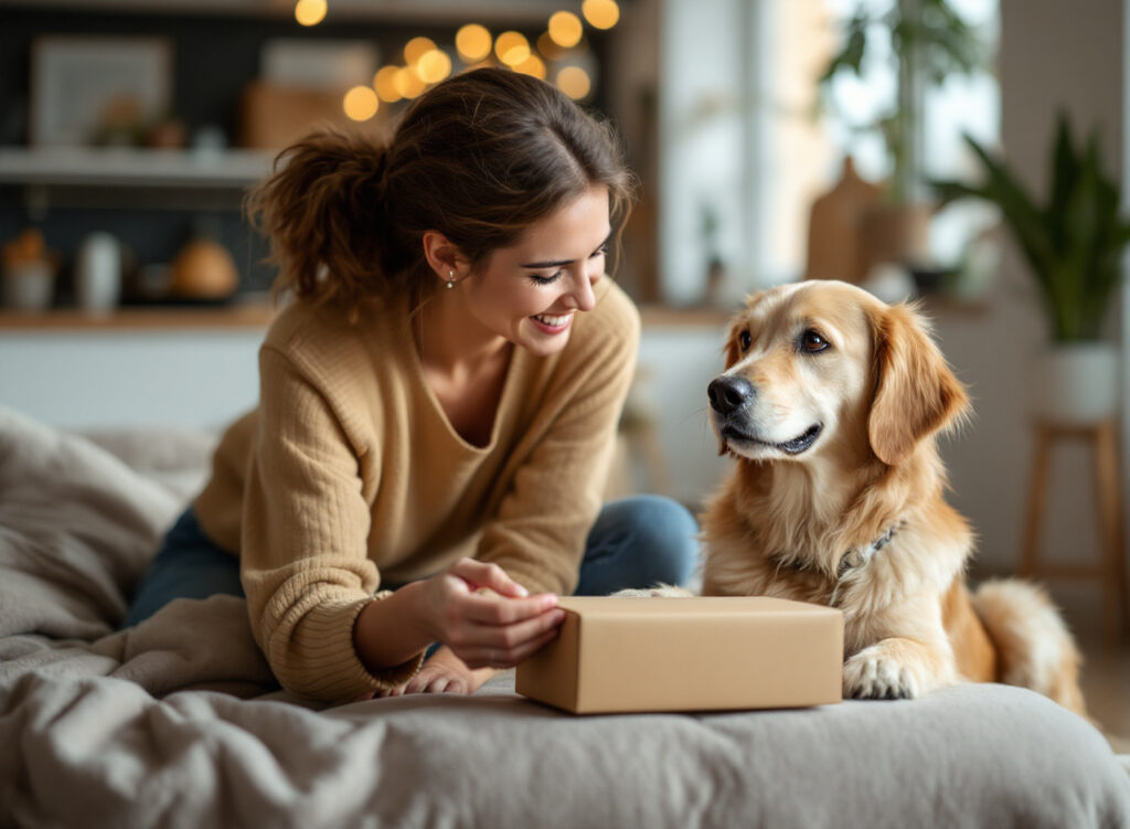 Tutora lendo rótulo de ração para cachorro com cão golden ao lado