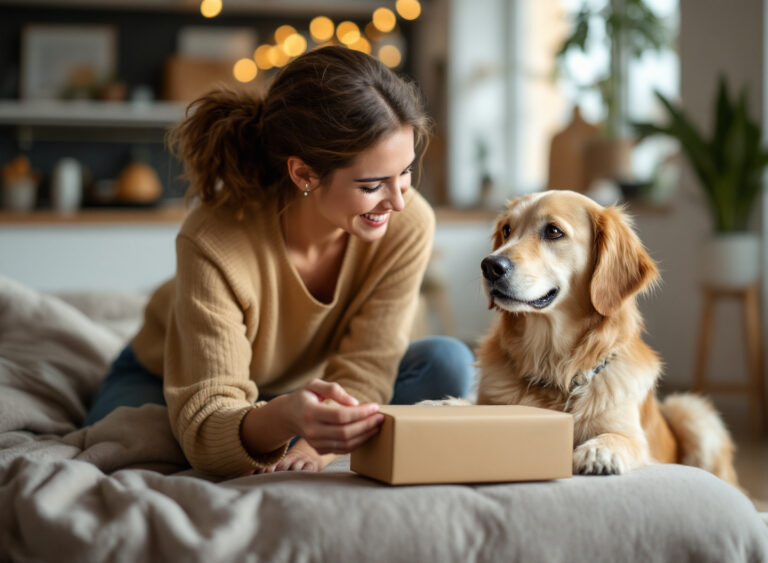 Tutora lendo rótulo de ração para cachorro com cão golden ao lado
