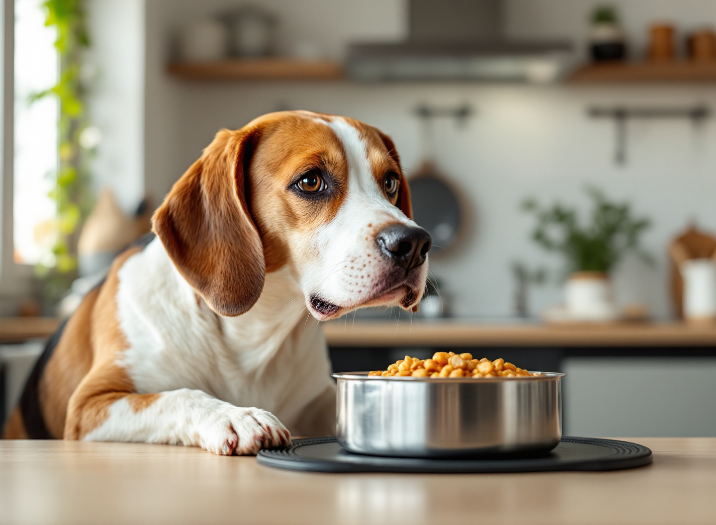 Cão saudável alimentado com ração premium de qualidade em ambiente doméstico aconchegante