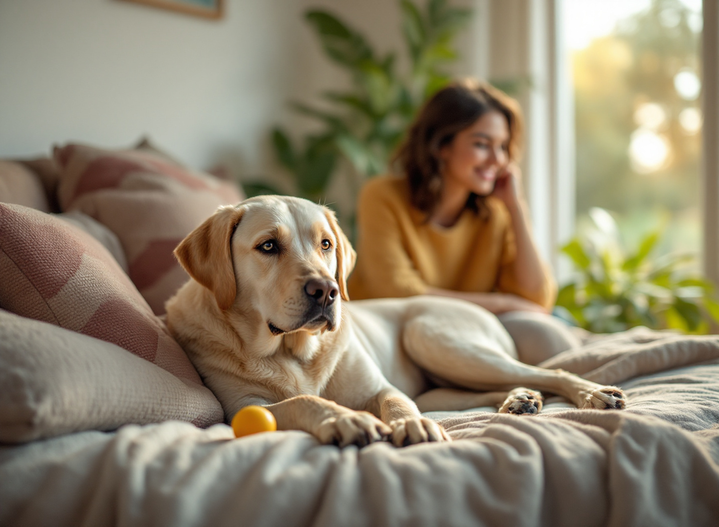 Cão descansando tranquilamente após mudança de ração balanceada, demonstrando redução de ansiedade e comportamento calmo