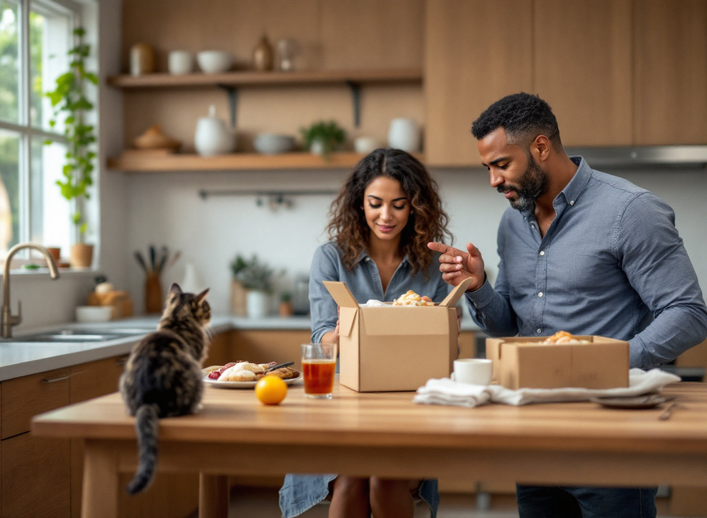 Casal analisando embalagem de ração para cachorro em cozinha moderna, com cão e gato observando