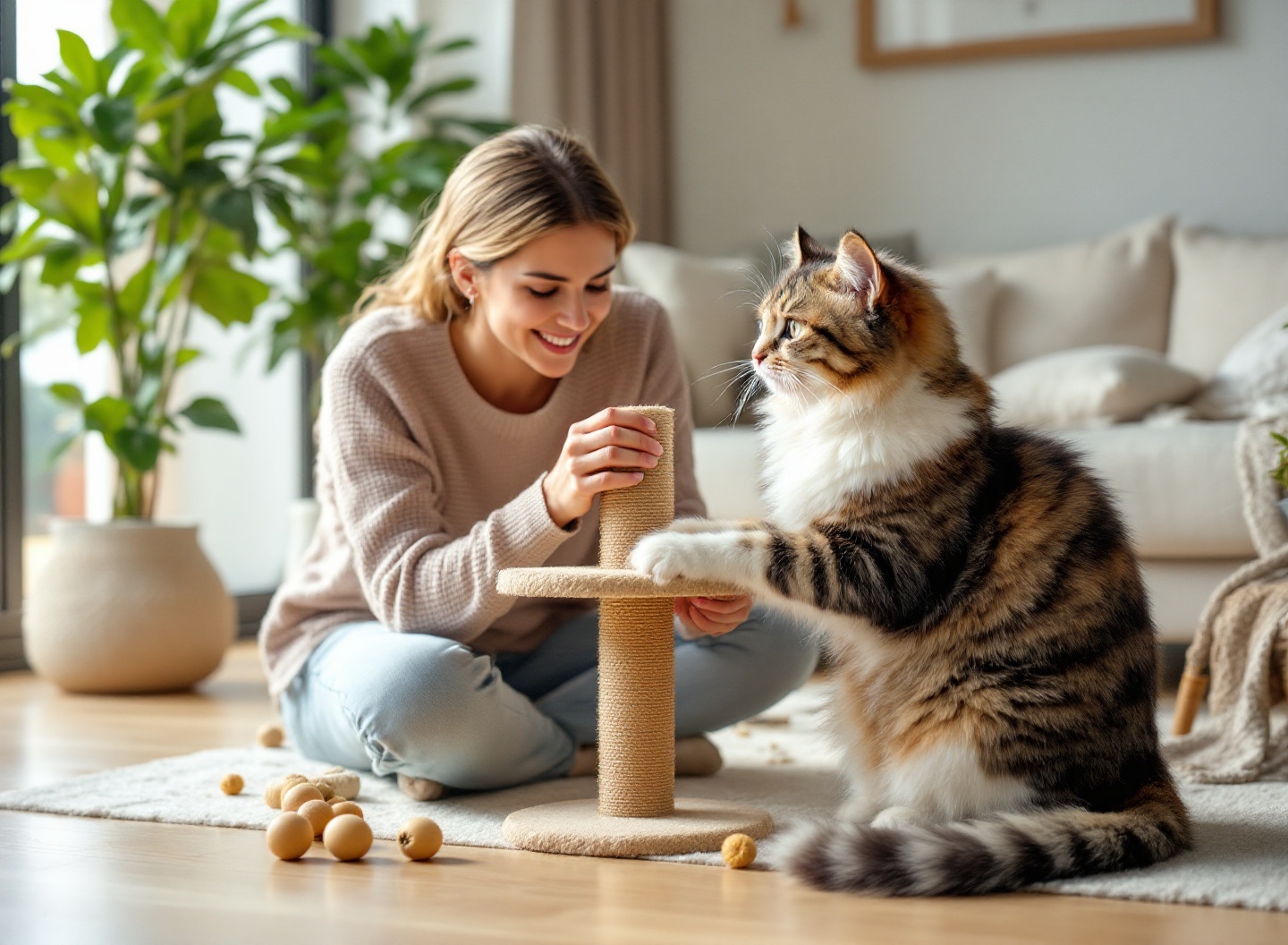 Pare de comprar arranhadores errados: o guia atualizado que mostra exatamente qual modelo seu gato vai usar 2 mulher observando gata cinza arranhando torre para gatos em sisal em sala aconchegante com luz natural