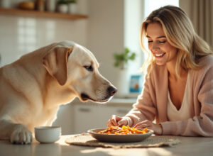 Tutora observando cão comendo ração balanceada em cozinha com luz natural, demonstrando calma e bem-estar do pet