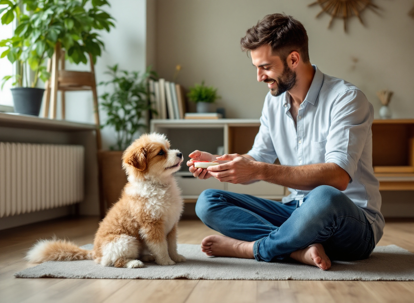 Adotar um cachorro muda sua vida: o guia definitivo para escolher o companheiro perfeito e evitar arrependimentos 4 homem adulto realizando treinamento positivo com filhote em ambiente doméstico aconchegante, exemplificando primeiros cuidados pós-adoção