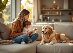 Família feliz alimentando cão e gato com ração super premium, mostrando confiança e bem-estar dos pets em ambiente aconchegante