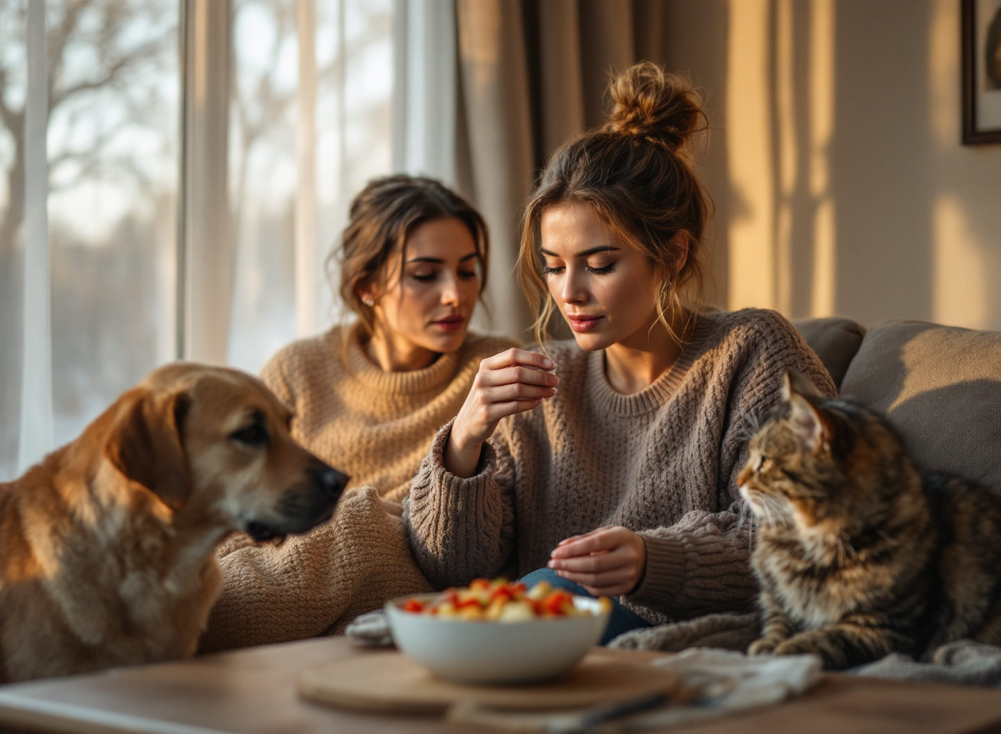 Ração Super Premium Vale a Pena? O que 500 tutores descobriram sobre nutrição felina e canina em 2026 2 Tutora observando seu cão e gato se alimentando com ração super premium em ambiente aconchegante