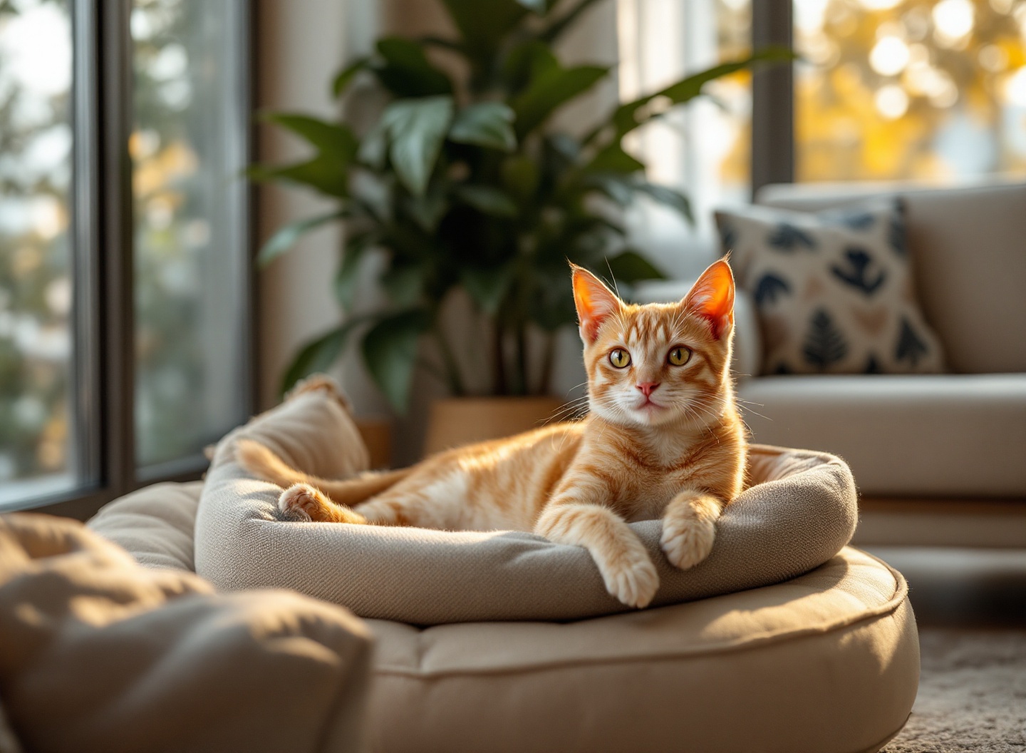 Gato descansando em cama confortável, mostrando importância do descanso felino e acessórios de bem-estar