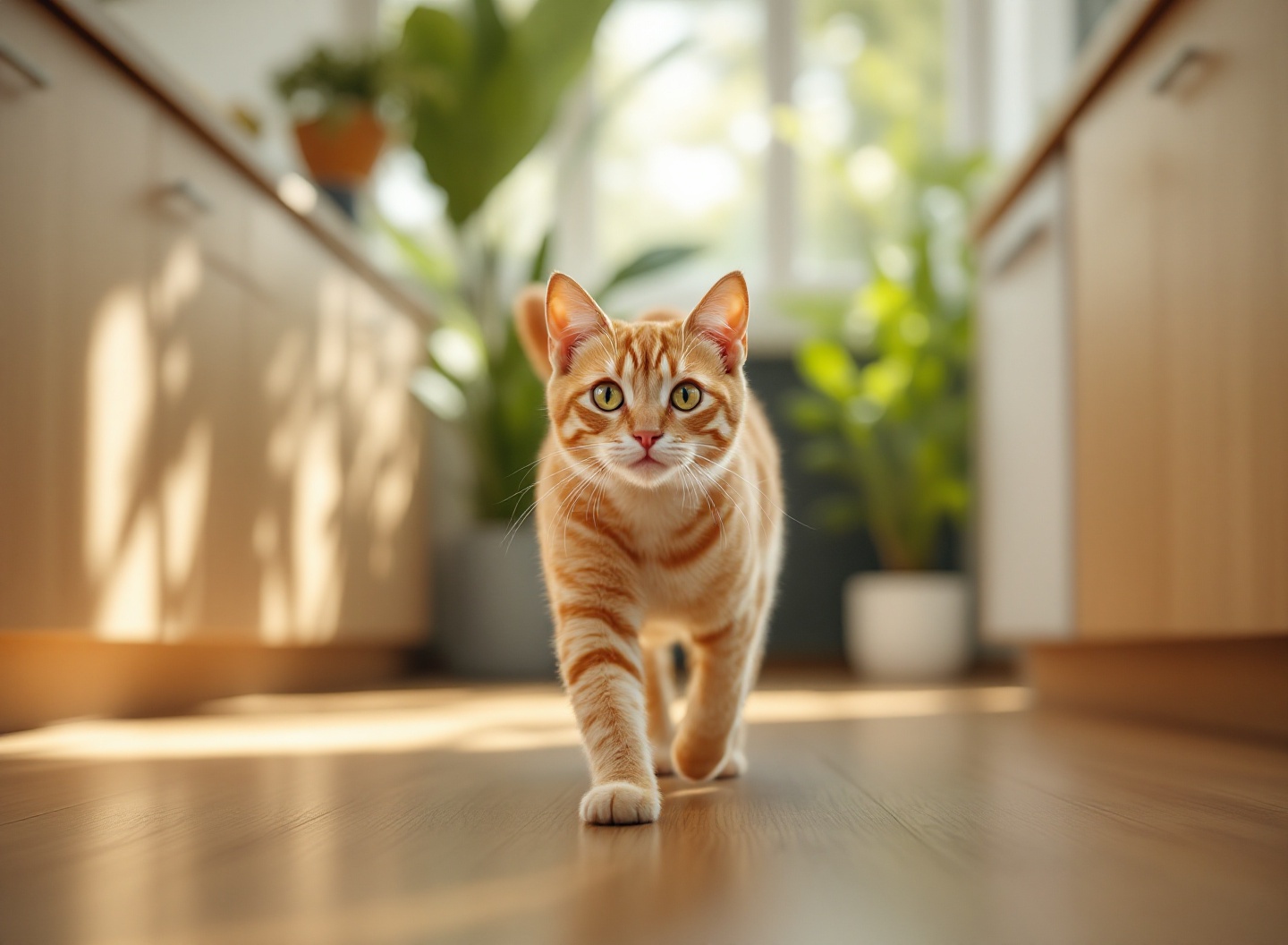 Seu gato está realmente feliz? Os 7 sinais que todo dono deveria conhecer agora 3 Gato laranja caminhando com cauda ereta demonstrando confiança e bem-estar felino