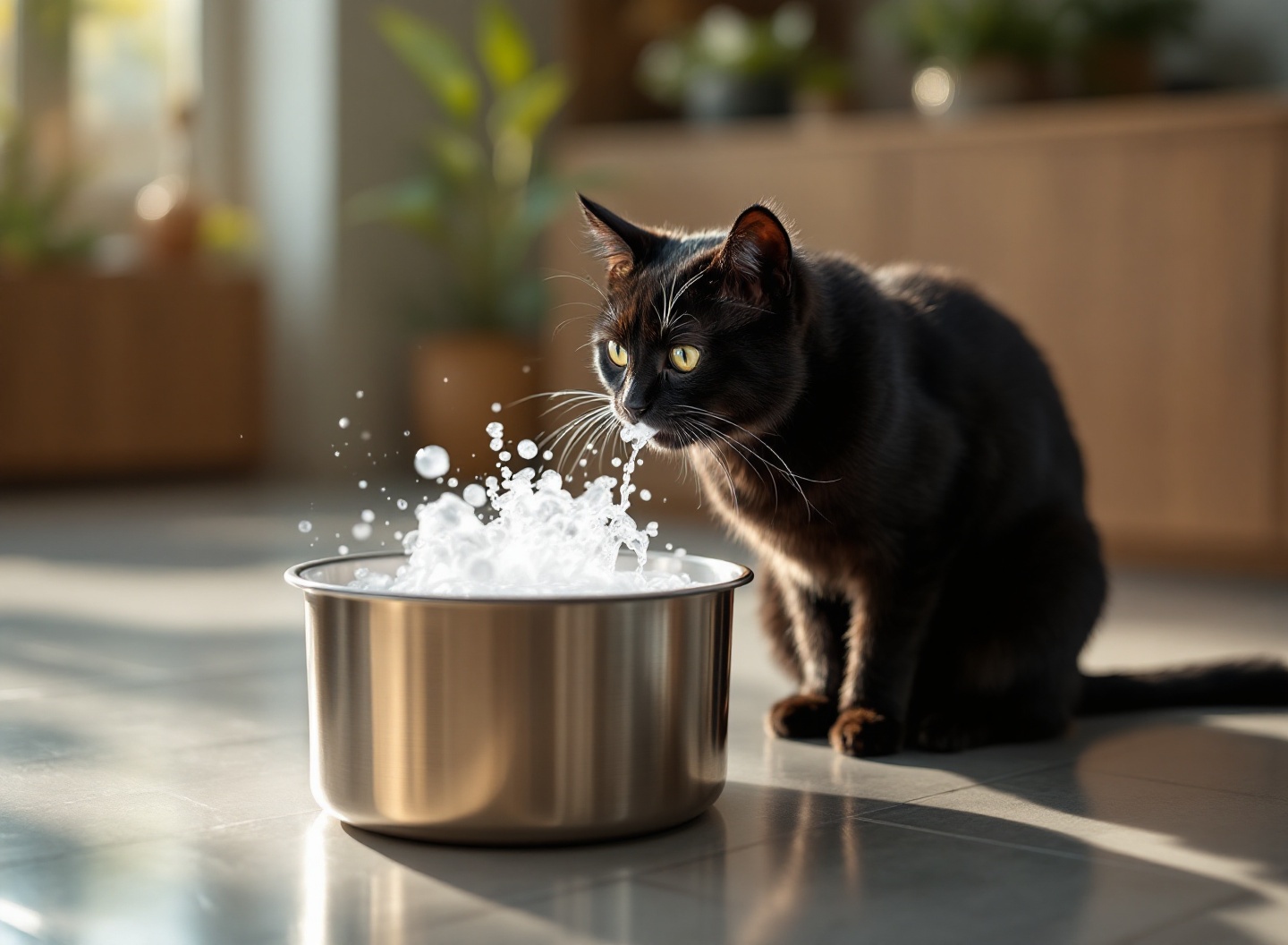 Gato bebendo em bebedouro inteligente, mostrando importância da hidratação felina e acessórios de bem-estar