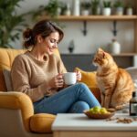 Mulher tutor satisfeita segurando ração premium enquanto gato observa, em ambiente aconchego com produtos felinos organizados