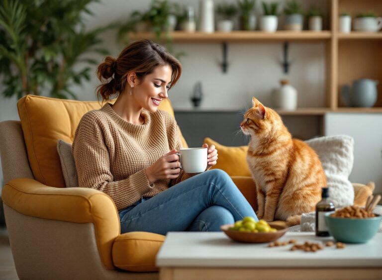 Mulher tutor satisfeita segurando ração premium enquanto gato observa, em ambiente aconchego com produtos felinos organizados
