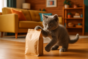 Gato filhote brincando com embalagem de ração em casa