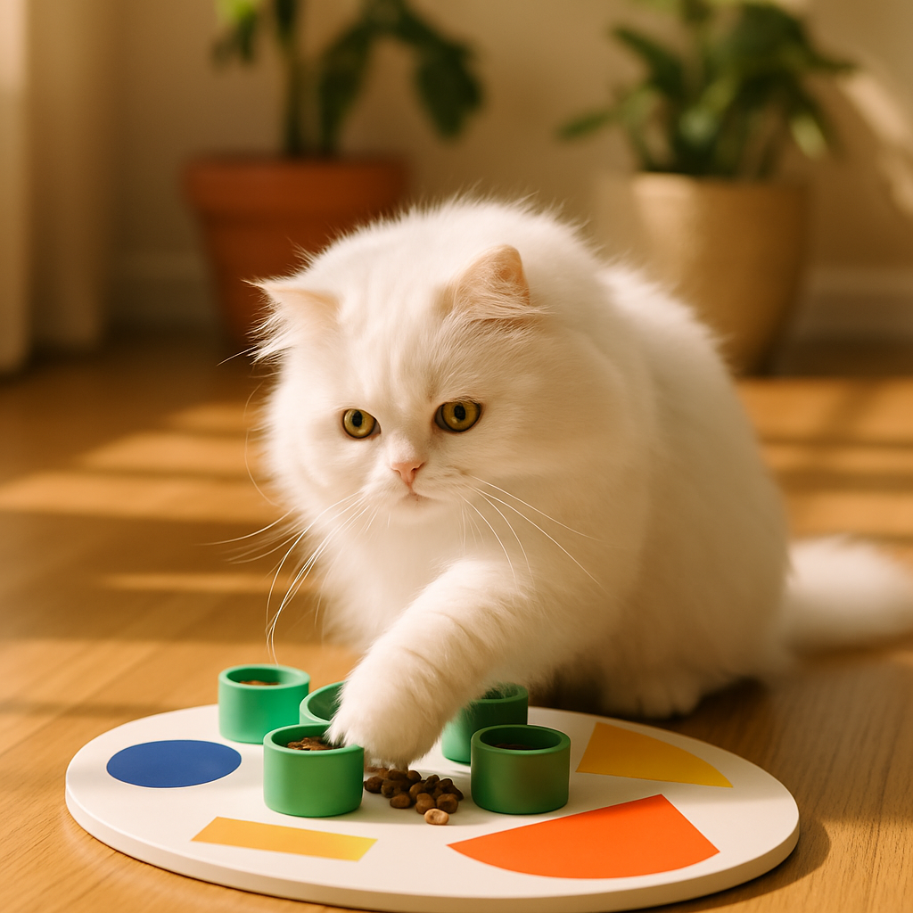 Gato persa usando comedouro interativo.