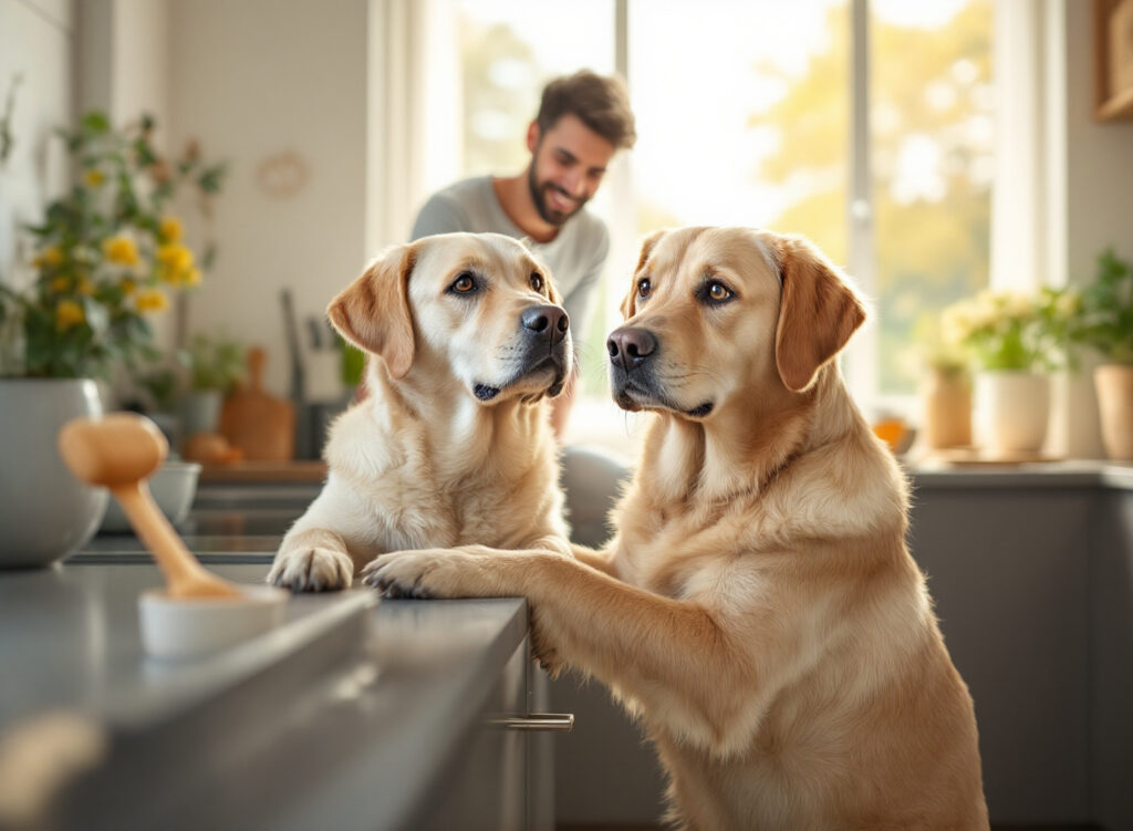 Seu cachorro está comendo demais ou de menos? Descubra a quantidade exata de ração conforme peso e idade 1 Cachorro esperando refeição em cozinha clara, com tigela de ração e colher de medida, ilustrando quantidade correta de alimento conforme peso e idade
