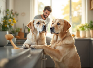 Cachorro esperando refeição em cozinha clara, com tigela de ração e colher de medida, ilustrando quantidade correta de alimento conforme peso e idade